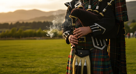 Scottish Bagpiper in Traditional Kilt Attire Playing During Golden Hour Sunset with Rising Smoke