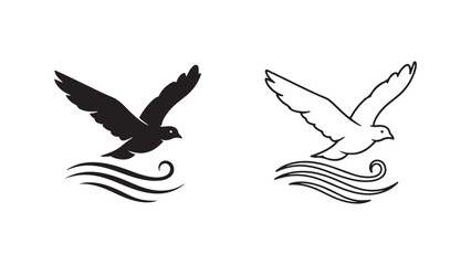 Bird flying over water outline and silhouette