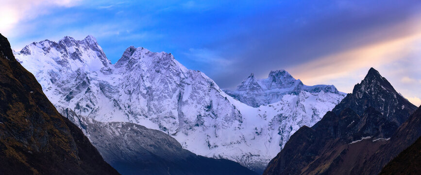 Beautiful panoramic view of Himal Chuli mountain early in morning in Manaslu National Park in Himalayas, Nepal.