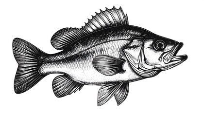 Detailed black and white illustration of a fish