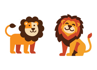 Two cartoon lions with manes and tails standing side by side on a white background in a vector illustration