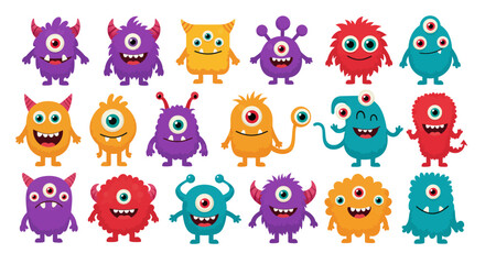 Vector illustration of cute colorful cartoon monsters in a row, each with different shapes, eyes, and expressions. Some monsters have one eye, multiple eyes, sharp teeth, big mouths, or funny hairstyl