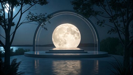 Fototapeta premium Illuminated moon globe on a platform with a transparent archway at night near a body of water