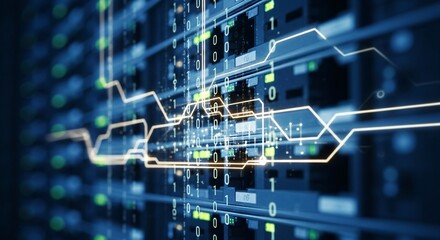 Digital data streams and binary code on server racks with glowing lines.