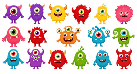 Fototapeta premium Vector illustration of cute colorful cartoon monsters in a row, each with different shapes, eyes, and expressions. Some monsters have one eye, multiple eyes, sharp teeth, big mouths, or funny hairstyl