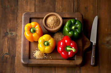 Colorful bell peppers and grains on a wooden board with a knife red pepper yellow pepper