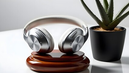 Fototapeta premium Modern Wireless Headphones on Wooden Stand, Minimalist Style, Serene Atmosphere