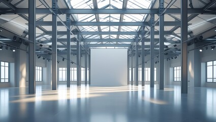 Modern Industrial Loft Space: Sunlit Interior with Blank Wall, Steel Beams, and Polished Concrete Floor.
