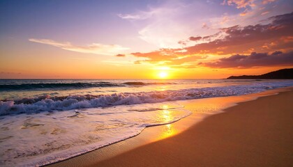 Sunset Beach Ocean Waves Landscape.