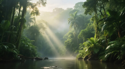 Sun-Dappled Rainforest Paradise: Experience the ethereal beauty of a sun-kissed rainforest, where towering trees, lush foliage, and a serene river create a vibrant oasis of life.
