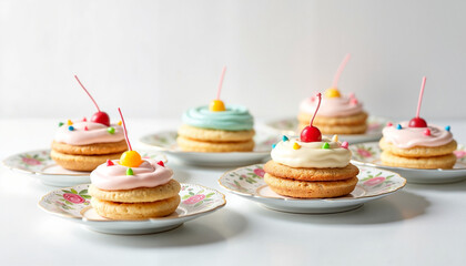 Colorful cupcakes with frosting and cherries on decorative plates  