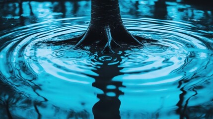 Mystical tree in blue water with ripple patterns creating a tranquil scene of nature