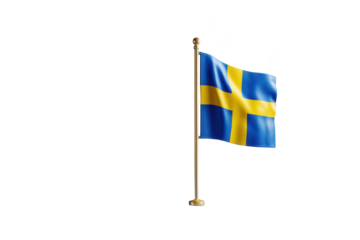 Swedish flag on pole, vibrant blue and yellow cross design, waving against black