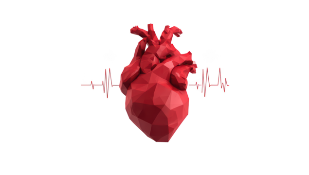 Geometric red heart with a pulse wave on a black background