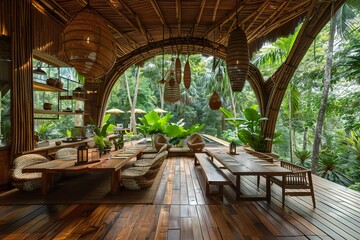 Fototapeta premium tropical garden with wooden chair