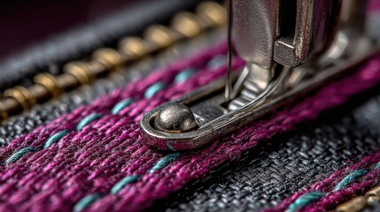 Close-up of sewing machine stitching colorful fabric with precision and detail