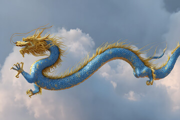 Fototapeta premium Mystical blue dragon illustration soaring among the clouds. Spiritual and oriental fantasy art