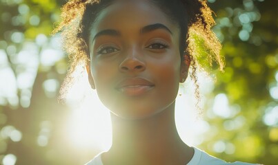 Close-up of a happy young mixed-race Black woman jogging outdoors in nature. The image captures a moment of physical activity and well-being, promoting a healthy lifestyle, Generative AI