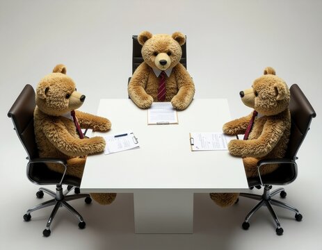 3匹のクマのぬいぐるみが会議をしている