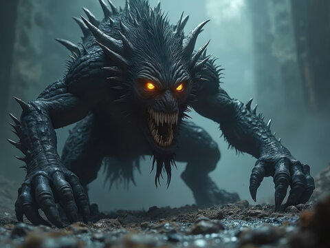 Fearsome dark monster lurks in shadows. Glowing eyes, sharp teeth, spiky skin, claws. Terrifying creature evokes terror, horror, supernatural themes. Imagination, nightmare concepts. Fantasy art,