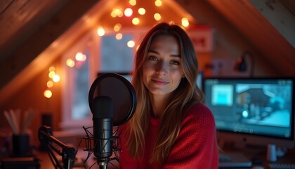 A vibrant home podcast setup in a cozy attic studio during a snowy winter evening, featuring colorful LED lights reflecting off the snow outside, a high-quality condenser mic, and a cheerful workspace
