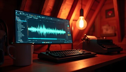 A vintage-style creative workstation in a dimly lit attic, podcast editing software open with a clear waveform. An enamel coffee cup sits beside an old typewriter keyboard. Dust motes float in the air
