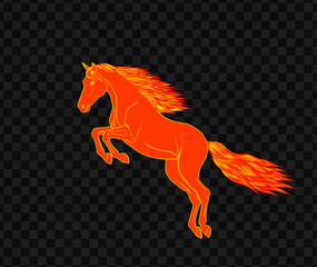 Fire horse with fire mane on transparent background. Jumping horse. Suitable for Chinese New Year, poster, horoscope. Vector illustration.