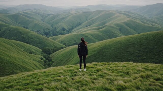 Person alone on green hill looking at vast landscape concept of freedom travel exploration mental escape solitude finding oneself person alone journey nature