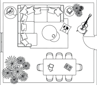 Detailed Top-Down View of Interior Design Featuring Living Room and Dining Area with Furniture and Decor Elements