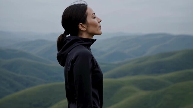 Serene woman in black hoodie enjoys fresh air her eyes closed slightly breathing deeply concept of mindfulness mental health calm mind serene woman feeling peace