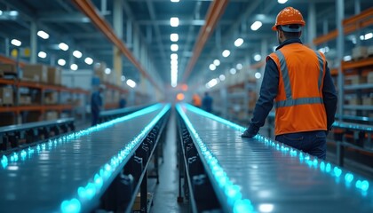 Man in orange vest, hard hat oversees automated conveyor systems in high-tech factory. Bright blue lights illuminate metallic machinery. Focus on efficiency, quality control, safety in modern