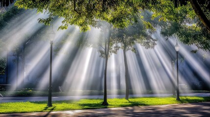 Sunlight filtering through trees in a park creating ethereal light rays and shadows landscape