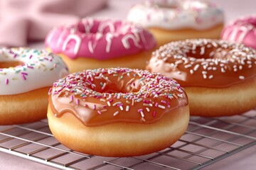 Delicious assorted donuts cooling on a metal rack