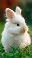 Bunny rabbit fluffy white fur on fresh green grass adorable pet mobile wallpaper and Easter background