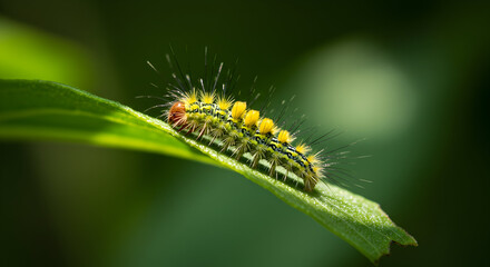 Fototapeta premium Caterpillar Crawling on Green Leaf in Natural Habitat