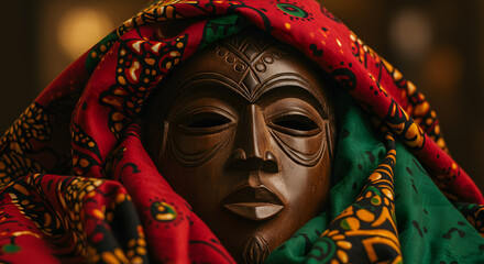 Hand-Carved Wooden African Mask Draped in Vibrant Traditional Red and Green Patterned Fabric