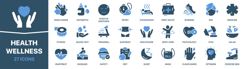 Health and wellness fill icon collection. Set of fitness, sport, medicine, healthcare, spa, running, gym, body care, and healthy lifestyle icons