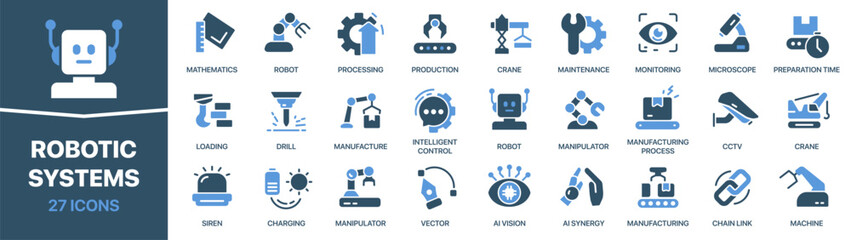 Robotic systems fill icon collection. Set of automation, AI, machine arms, production lines, monitoring, and industrial robotic technology icons
