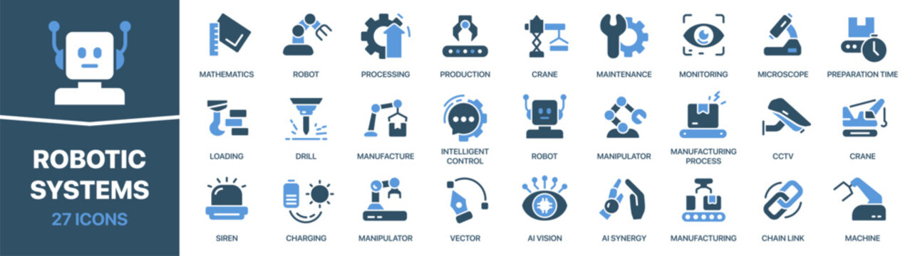 Robotic systems fill icon collection. Set of automation, AI, machine arms, production lines, monitoring, and industrial robotic technology icons