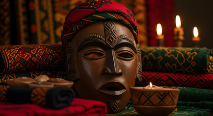 Traditional African Wooden Mask Amidst Kente Fabrics and Warm Candlelight