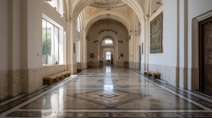 Obraz premium Reflections and Grandeur: Majestic Hallway with Ornate Marble and Architectural Arches