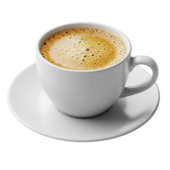 Freshly brewed hot coffee with creamy foam in a clean white ceramic cup and saucer, isolated on a pure white background, perfect for cafe menus, morning beverage promotions