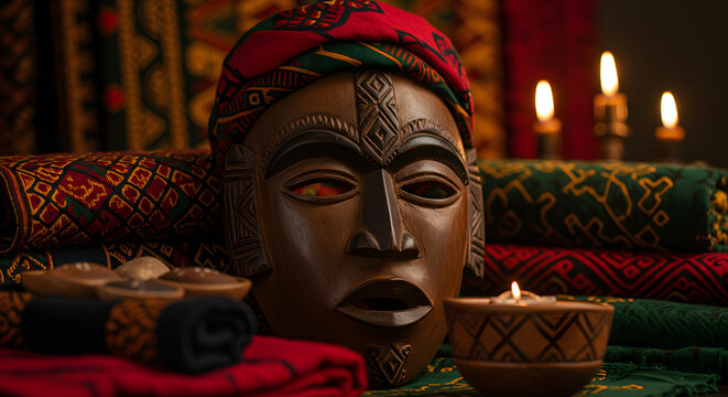 Traditional African Wooden Mask Amidst Kente Fabrics and Warm Candlelight