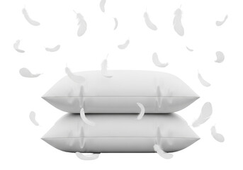Fototapeta premium Stacked White Pillows Isolated on White Background with Falling Feathers