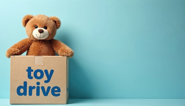Plush teddy bear sits in cardboard box labeled toy drive. Festive holiday spirit with blue background. Generous giving, charitable donation, and gift collection for kids.