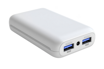 White rectangular portable power bank with two USB ports