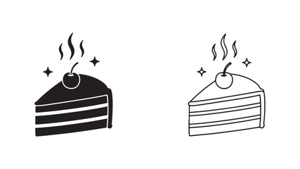 Cake slice icon with cherry and steam