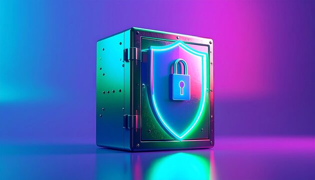 Cyber Security Concept: Metal Safe with Shield and Lock Icon under Neon Light