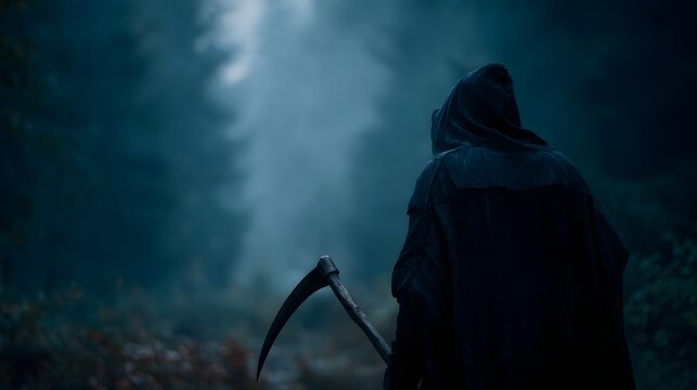 Grim reaper stalking through a misty foreboding forest - Powered by Adobe