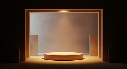 A minimalistic scene features a circular textured podium illuminated by warm spotlighting within a geometric architectural setting stage platform pedestal